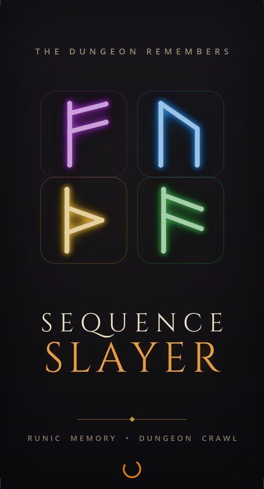The opening screen: four glowing runes in violet, blue, gold and green above the Sequence Slayer title and the line 'the dungeon remembers'.
