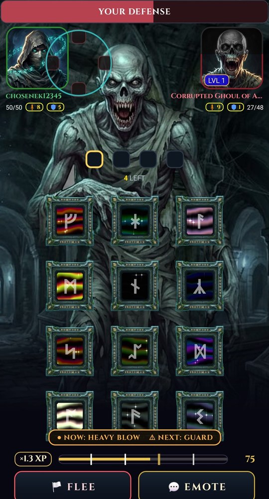 A combat round against a Corrupted Ghoul, whose huge figure fills the screen behind a grid of carved rune tiles, with both fighters' health above.