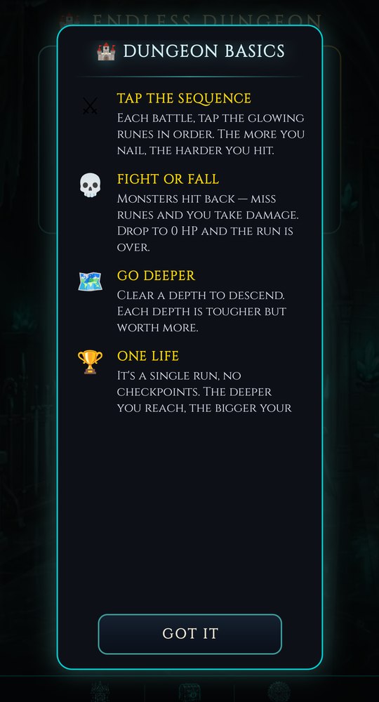The Dungeon Basics briefing explaining how to tap the sequence, that missed runes cost health, and that a run is a single life.