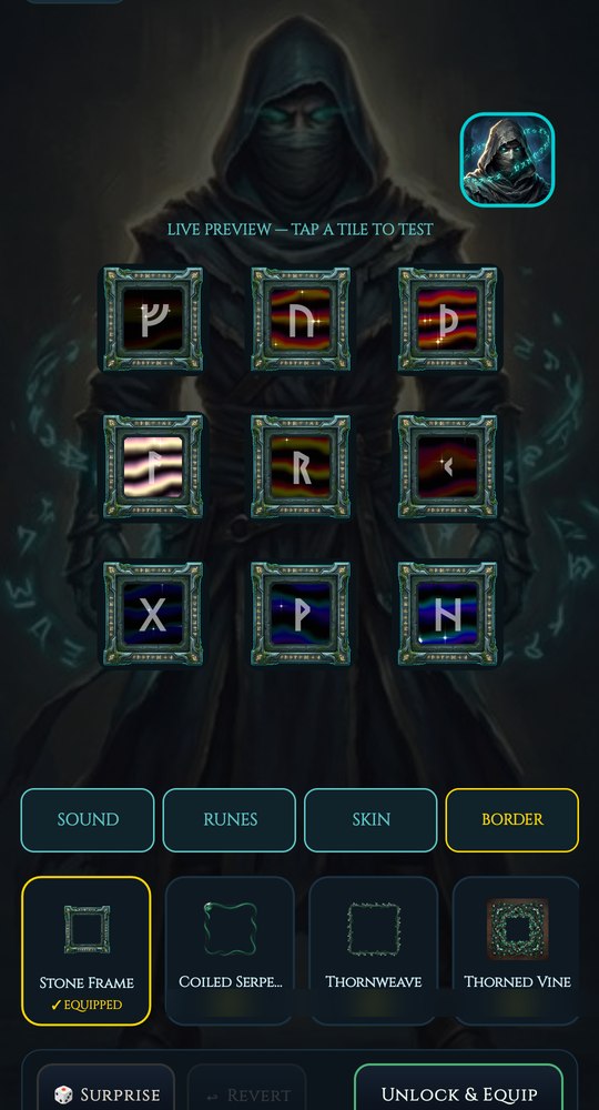 The Board Forge cosmetic screen, showing a grid of rune tiles in different frames and skins with a live preview above a hooded figure.