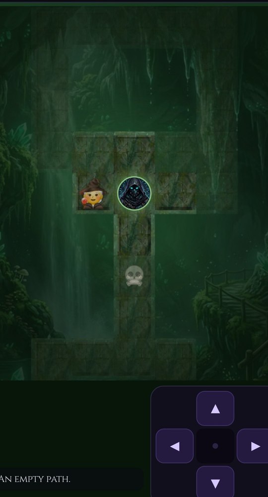 A dungeon floor in a green waterfall cavern: the hooded player token on a stone path, a merchant and a skull marker on neighbouring tiles, a directional pad for movement, and the note 'an empty path'.