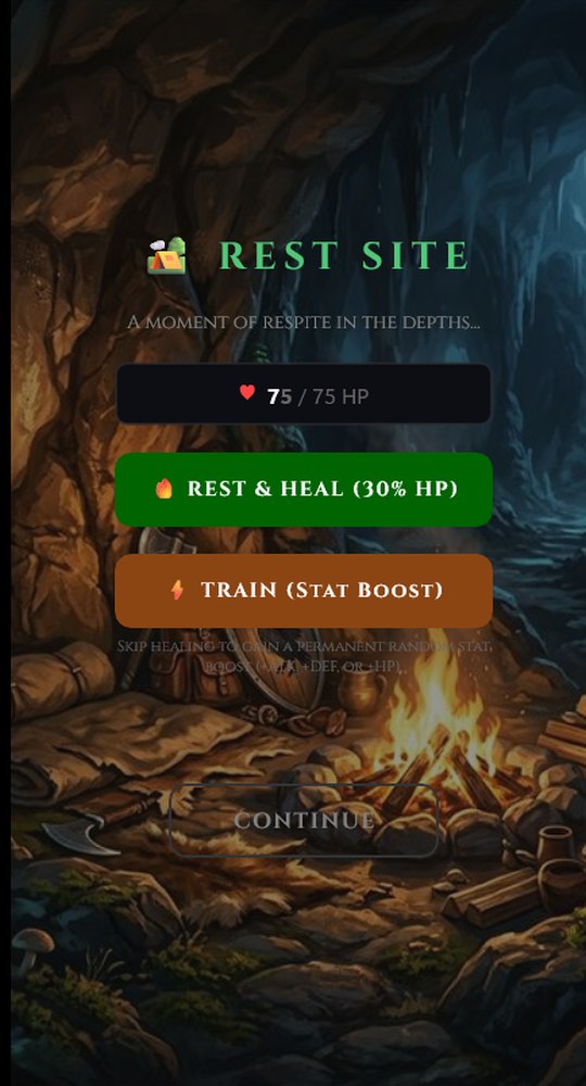 A rest site beside a campfire in a torchlit cavern, showing current health and offering a choice between resting to heal and training for a stat boost.