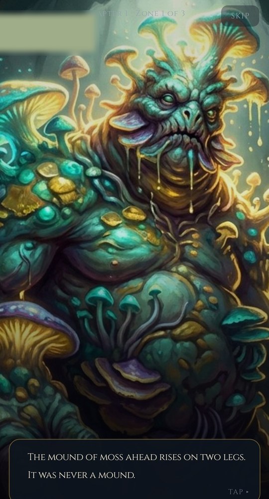 A story moment from Chapter 1: a vast moss-and-mushroom giant rising out of the ground, with the line 'The mound of moss ahead rises on two legs. It was never a mound.'