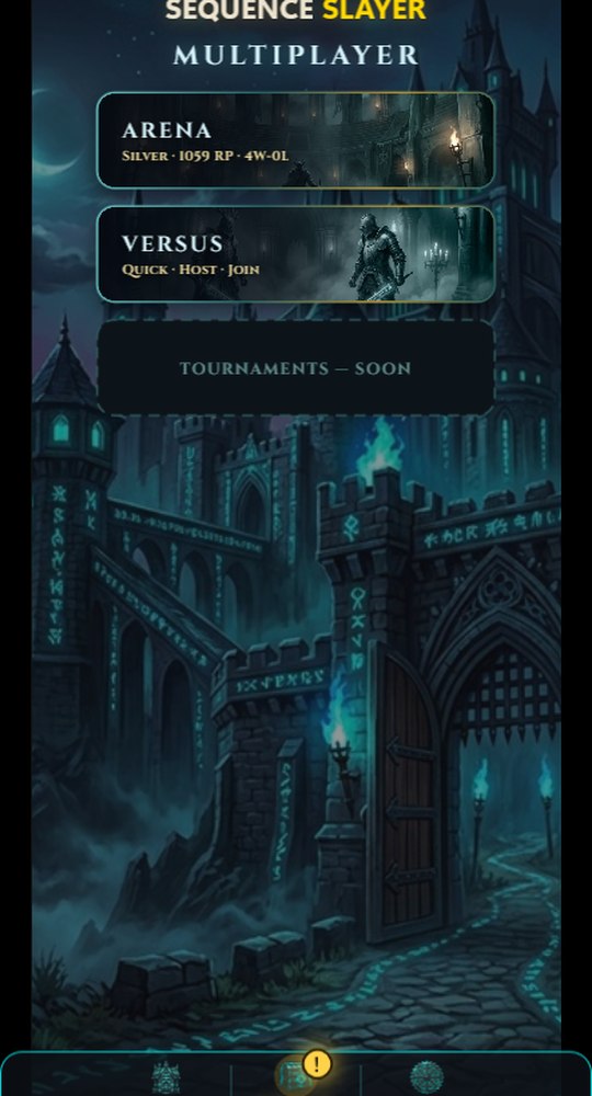 The multiplayer hub showing the ranked Arena with a Silver league standing and rating, a Versus option for quick, hosted or joined matches, and tournaments marked as coming soon.