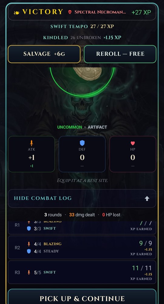 A victory screen showing experience earned, an artifact drop with its stat modifiers, and a round-by-round combat log.