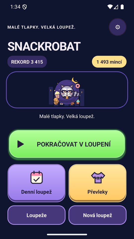 Úvodní obrazovka Snackrobatu s nejlepším skóre, peněženkou mincí, tlačítkem pro pokračování v loupeži a volbami denní loupeže a převleků.