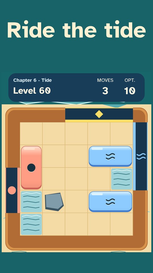 Chapter 6, Tide, level 60: stones beside tide water and a rock on the board, captioned Ride the tide.